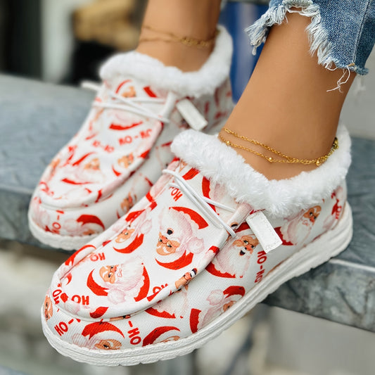 Treat yourself to a Christmassy look! Choose these festive women's shoes featuring a Santa Claus print, canvas upper for durability and comfort, and a plush lining for extra warmth. Perfect for the holidays!