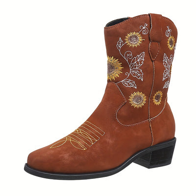 Sunflower Delight: Women's Fashionable Slip-on Cowboy Boots with Chunky Heel and Embroidered Accents