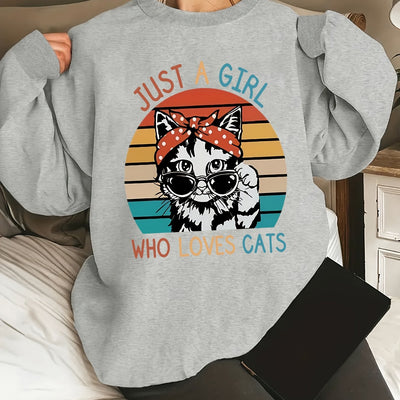 Playful Purrfection: Women's Plus Size Casual Sweatshirt with Funny Cat Slogan Print for Fall/Winter Fashion