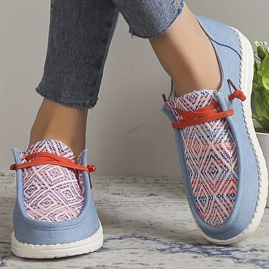 This Comfortable Geometric Design Women's Canvas Shoe is the perfect balance between style and comfort. With a lightweight low top design and colorblock paneling, you can enjoy the comfort of a laceless design while still maintaining a stylish look. Perfect for everyday walking and outdoor activities.