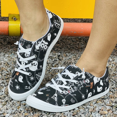 Liven up your wardrobe with these trendy lightweight canvas shoes. Featuring a spooky skeleton and ghost print, they are the perfect accessory for Halloween and everyday wear. With their comfortable design and lightweight construction, you will love the convenience of these shoes.