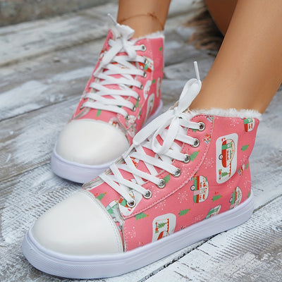 Cute and Cozy: Women's Cartoon Print Canvas Shoes - Casual, Plush-Lined High Tops