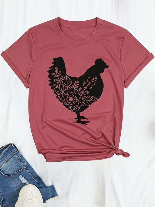Flaunt Your Style with the Chicken Floral Print T-Shirt - A Casual Short Sleeve Crew Neck Top for Women's Clothing
