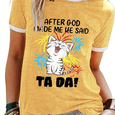 Cute and Casual: CAT LETTER PRINT Crew Neck T-Shirt - Must-Have Women's Top for Spring & Summer