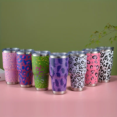 This 30oz Colors Leopard Stainless Steel Thermal Tumbler is an ideal gift for home, office, and travel. Its stainless steel and double-wall vacuum allows for hot or cold drinks to stay at its temperature for hours. With its sleek design, it is a great addition to any car, and a perfect companion for social gathering.