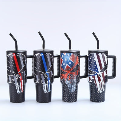 40oz Skull & US Flag Tumbler with Lid & Straw - Perfect for Car, Home, Office, Travel & Independence Day Gifts!