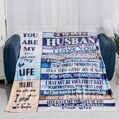 Soft and Warm Flannel Blanket with To My Husband Letter - Perfect Valentine's Day, Wedding Anniversary, and Travel Gift