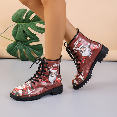 Festive Holiday Spirit: Women's Lace-Up Santa Claus Combat Boots for Casual All-Match Style and Outdoor Adventures