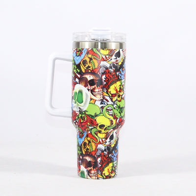 40oz Colorful Graffiti Skull Print Stainless Steel Leakproof Tumbler, Insulation Water Car Cup With Lid Straw For Outdoor Camping, Hiking, Driving, Birthday Gift