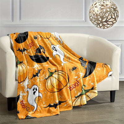 Halloween Pumpkin & Cartoon Ghost Flannel Blanket - Soft and Warm Personality Printed Throw
