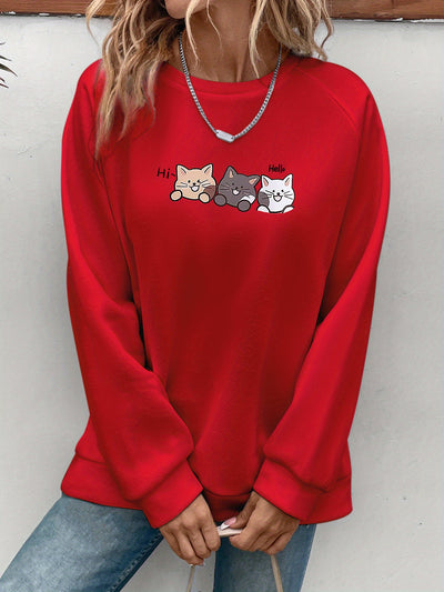 Cute Cat Pattern Crew Neck Sweatshirt: Embrace Casual Chic with this Stylish Women's Long Sleeve Raglan Shoulder Sweatshirt