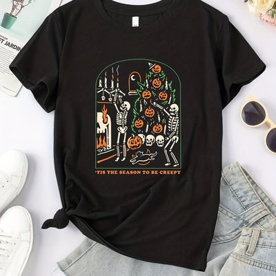 Skeleton Pumpkin Print Tee: Spooktacular Casual Summer T-Shirt for Women