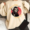 Darkly Stylish: Women's Plus Size Halloween Grim Reaper Sweatshirt with Slogan Print