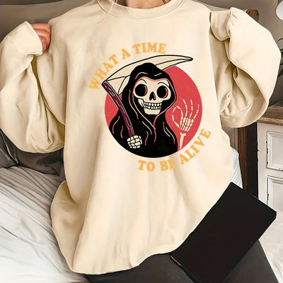 Darkly Stylish: Women's Plus Size Halloween Grim Reaper Sweatshirt with Slogan Print