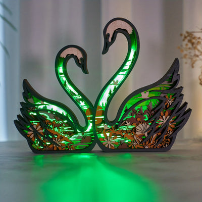 Enchanting Glow: 3D Wooden Couple Swans Multilayer Carved Ornament with RGB LED Night Light - Perfect Home Décor Gift for Every Occasion