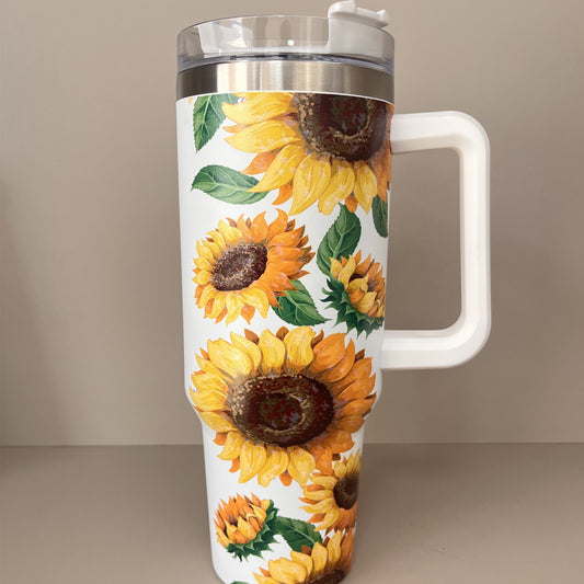 This 40oz stainless steel tumbler is perfect for outdoor camping and travel. Featuring a beautiful sunflower and star pattern, it has a large capacity and comes with a lid and straw for easy portability. Great as a birthday or special occasion gift.