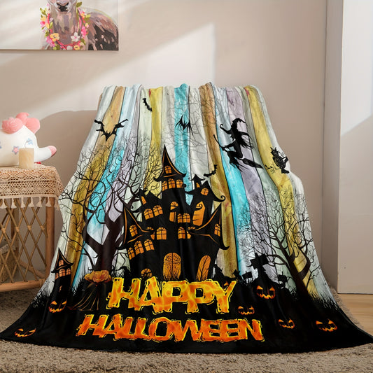 Halloween Elements Blanket: Cozy Up with Dark Castle, Pumpkin, Witch, and Bat Print Flannel Blanket - Perfect for Couch, Sofa, Office, Bed, Camping, and Traveling