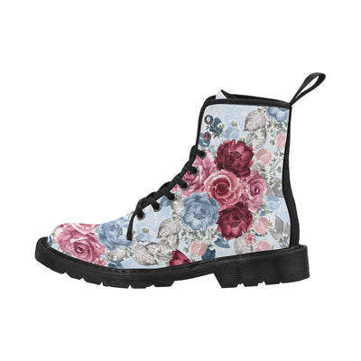 Burgundy Floral Boots, Flower Martin Boots for Women