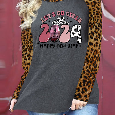 Fashionably Ring in the New Year with our Happy New Year Print T-Shirt – The Perfect Casual Crew Neck Long Sleeve Top for Women!