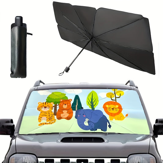 Keep your car cool with Retractable Cartoon Animal Car Windshield Sunshade. The sunshade blocks up to 97% of UV rays, deflecting solar heat to reduce the temperature in your vehicle for comfortable driving. Its vibrant pattern adds a touch of personal style to your car.