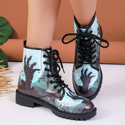 Step into the Spooky Season with Women's Halloween Style Ankle Boots: Horror-inspired Zombie Print Combat Boots for Casual Chic