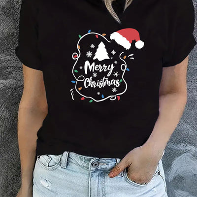 Festive Cheer: Merry Christmas T-Shirt - A Stylish Summer/Spring Casual Top for Women's Clothing
