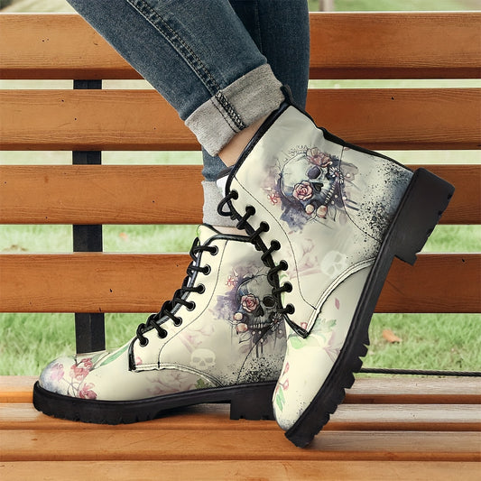 Make a bold fashion statement with these Gothic style combat boots. They are designed with glossy PU leather and feature an eye-catching skull and floral graphic. For a unique, standout look, these stylish boots will complete any outfit.
