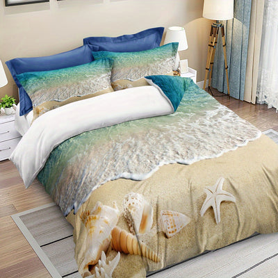 Beach Getaway: Duvet Cover Set with Vibrant Beach Scenes Print - Soft and Comfortable Bedding Set for a Relaxing Bedroom or Guest Room(1*Duvet Cover + 1/2*Pillowcases, Without Core)