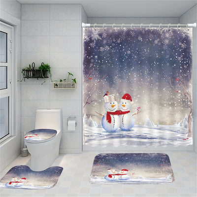 This 4-piece Winter Wonderland Bathroom Decor Set will transform your bathroom with a festive holiday atmosphere. Enjoy an adorable snowman snowflake scene design on the shower curtain and rug with included hooks to complete the holiday makeover. The perfect Xmas gift or festive decor!