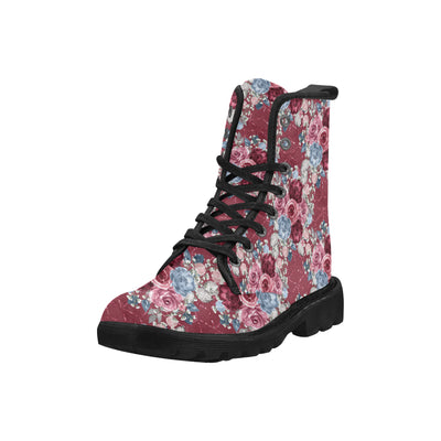 Floral Seamless Pattern Boots, Burgundy Navy Floral Martin Boots for Women