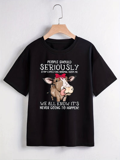 Cartoon Cow and Letter  Print Crew Neck T-Shirt, Casual Short Sleeve T-Shirt For Spring & Summer, Women's Clothing