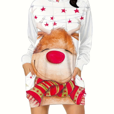 Stylish and Cozy: Women's Plus Size Christmas Reindeer Print Hooded Tunic with Pockets