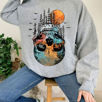 Spooky Chic: Halloween Skull Forest Print Sweatshirt - A Must-Have for Women's Casual Wear