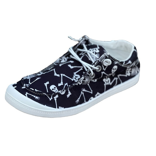 Lightweight Women's Skeleton Print Canvas Shoes - Lace-Up Halloween Loafers for Casual Low Top Sneakers