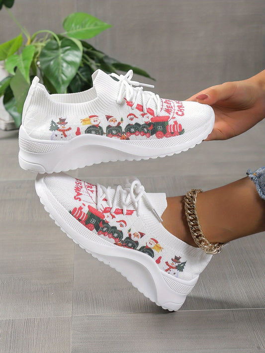 These stylish Women's Christmas Knitted Sneakers feature a Santa Claus & Snowman Print, making them perfect for the festive season. The knitted upper ensures breathability and comfortability, while the durable rubber outsole ensures excellent grip and traction, perfect for both casual walking and sports activities.