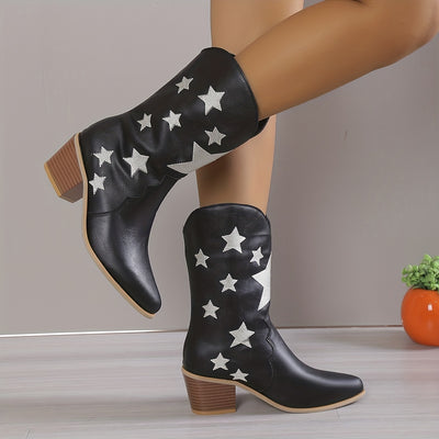 Stylish Star-patterned Chunky Heel Cowboy Boots: The Perfect Embroidered Western Fashion Statement for Women