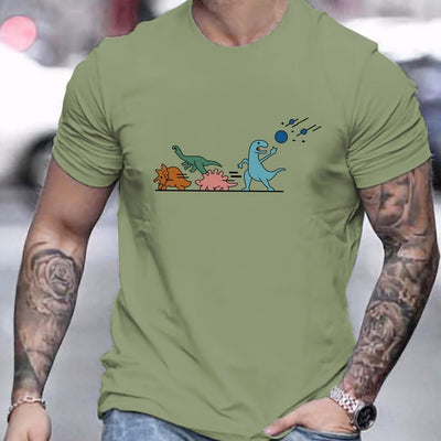 Dino Chic: Cartoon Dinosaur Print T-Shirt - A Vibrant Casual Essential for Men