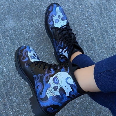Wickedly Stylish: Women's Skull Print Combat Boots - Fashionable, Comfortable, and Perfect for Halloween