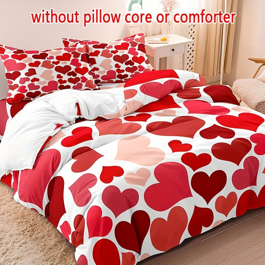 Romantic Heart Shape Print Duvet Cover Set - Cozy Bedding for Couples - Includes 1 Duvet Cover and 2 Pillowcases (No Core)