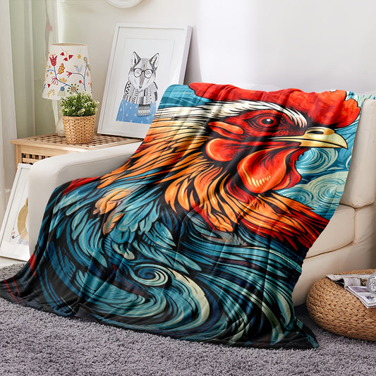 Cozy and Playful: Cartoon Rooster Print Flannel Blanket for Year-Round Comfort and Fun!