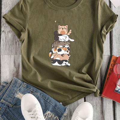 Stylish and Casual: Women's Cat Print Crew Neck T-Shirt - A Must-Have for Spring/Summer Fashion!