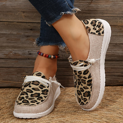 Stylish Leopard Print Canvas Shoes for Women - Colorblock Lace Up Flat Canvas Shoes for Casual Comfort and Fashionable Style