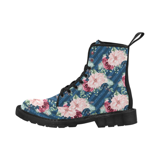 Burgundy Flowers Boots, Watercolor Flowers Martin Boots for Women
