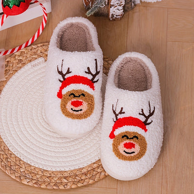 Festive Cartoon Christmas Deer Print Slippers: Slip-On, Non-Slip, Warm and Cozy Indoor Shoes