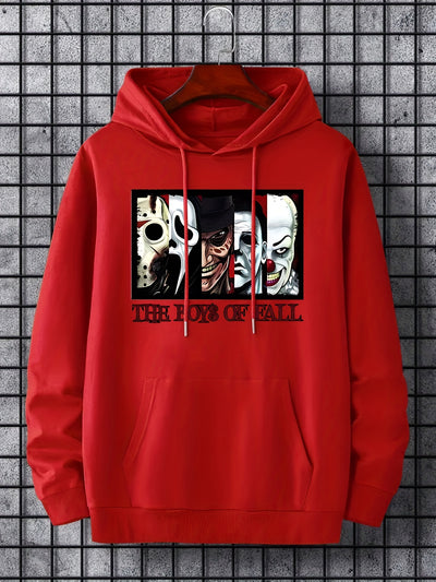 This men's plus size hooded sweatshirt is a best-seller, comfortable and made of lightweight fabric with drawstring adjustable hood. Featuring "Film Characters" and "The Boy Of Fall" letter prints, it is perfect for keeping you warm and stylish during the cold weather.