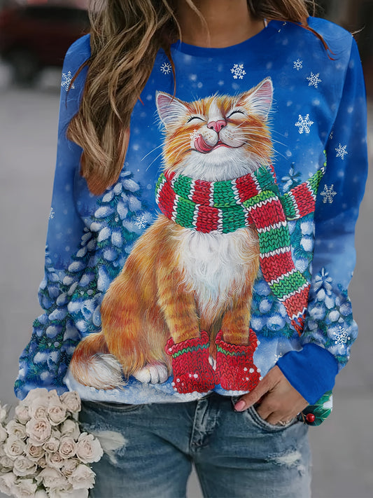 Playful Feline Delight: Cartoon Cat Print Pullover Sweatshirt – A Comfy and Casual Addition to Women's Clothing