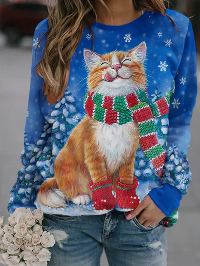 Playful Feline Delight: Cartoon Cat Print Pullover Sweatshirt – A Comfy and Casual Addition to Women's Clothing