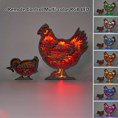 Multicolor RGB LED Night Light: Hens and Chick- 3D Wooden Carved Ornament for Home Décor, Ideal Gift for Birthday and Christmas