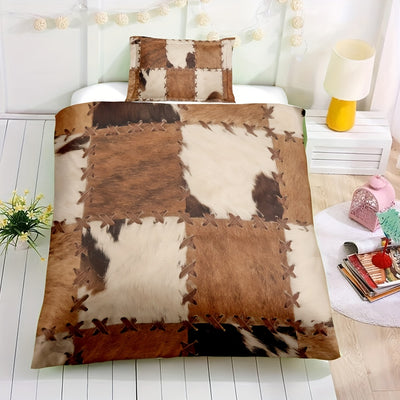 Fur Pattern Stitching Print Rustic Cowhide Style Duvet Cover Set for Your Bedroom or Guest Room (1*Duvet Cover + 2*Pillowcases, Without Core)