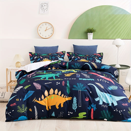 Playful and Cozy: Cartoon Dinosaur Print Bedding Set for Kids - Perfect Gift for Kids - Includes 1 Duvet Cover and 2 Pillowcases (No Core)